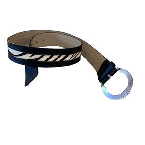 Vtg Calvin Klein black leather zebra dyed horse hair wide belt silver buckle M